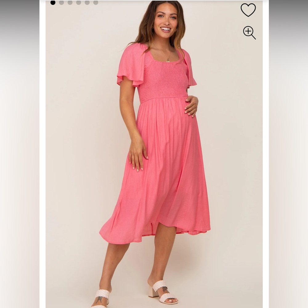 Pinkblush Coral Smocked Square Neck Flutter Short Sleeve Maternity Midi Dress